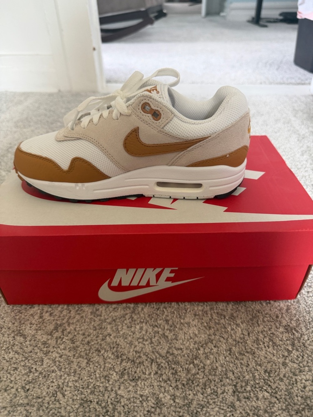 Nike Air Max 1 White and Tan Sneakers